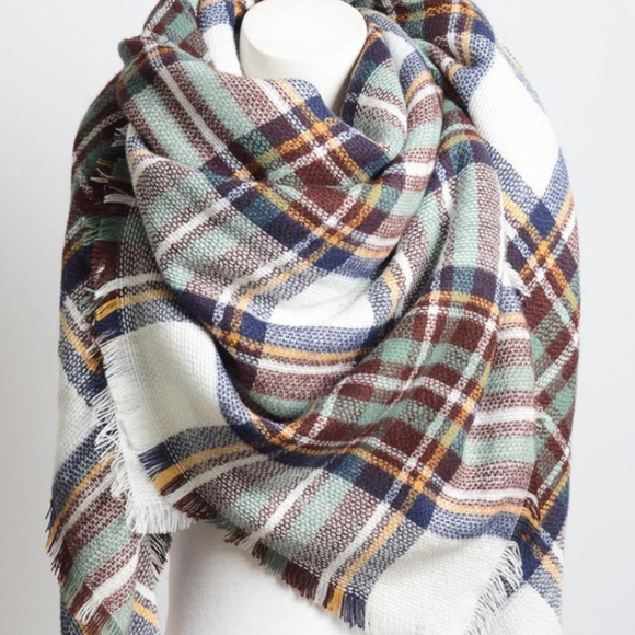 Brown Mint Tartan Plaid Blanket Scarf - Picture 4 of 4